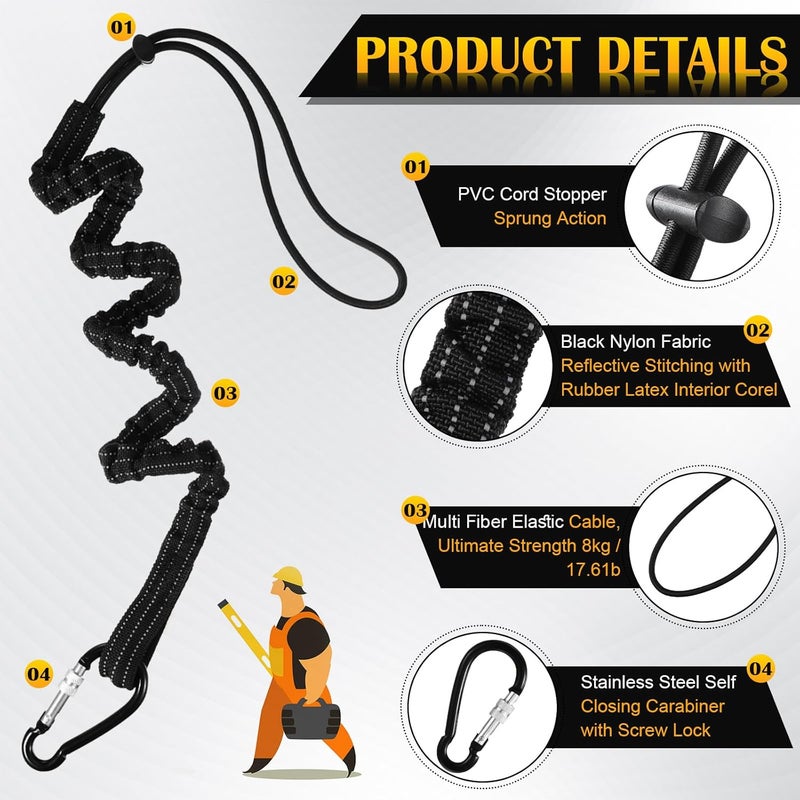 LEIFIDE 1 Pc Tool Lanyard Standard Length Safety Tool Leash 17.6lb 8kg Tough Adjustable Fall Protection Tether with Aluminum Screw Lock Buckle, Shock Cord Stopper and Retractable Loop End, Black - Image 3